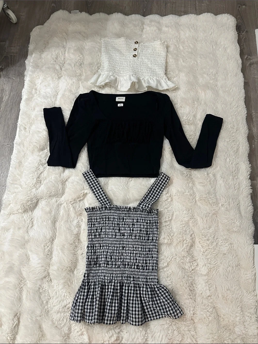 Black Long Sleeve Crop Top with Black & White Gingham Smocked Dress